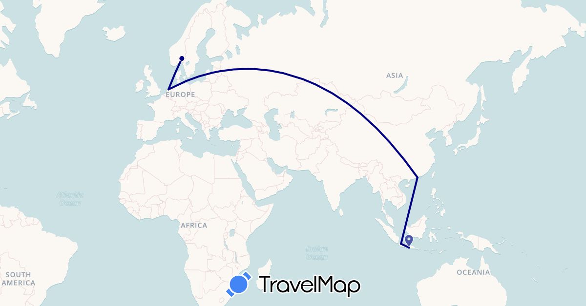 TravelMap itinerary: driving in Hong Kong, Indonesia, Netherlands, Norway (Asia, Europe)